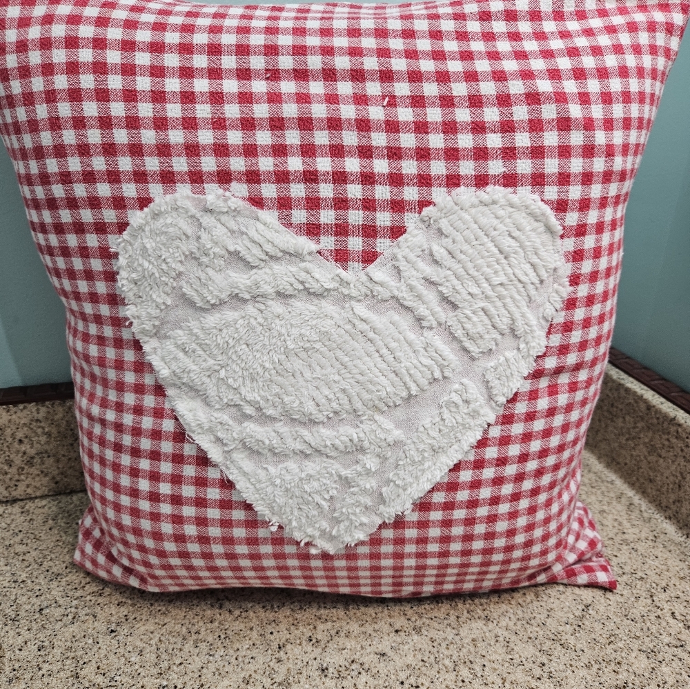 Pillow Red Gingham with White Chenille Heart